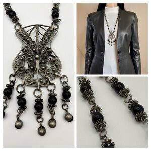 Antique Yemenite Bawsani Style Silver Filigree & Black Onyx Bead Necklace